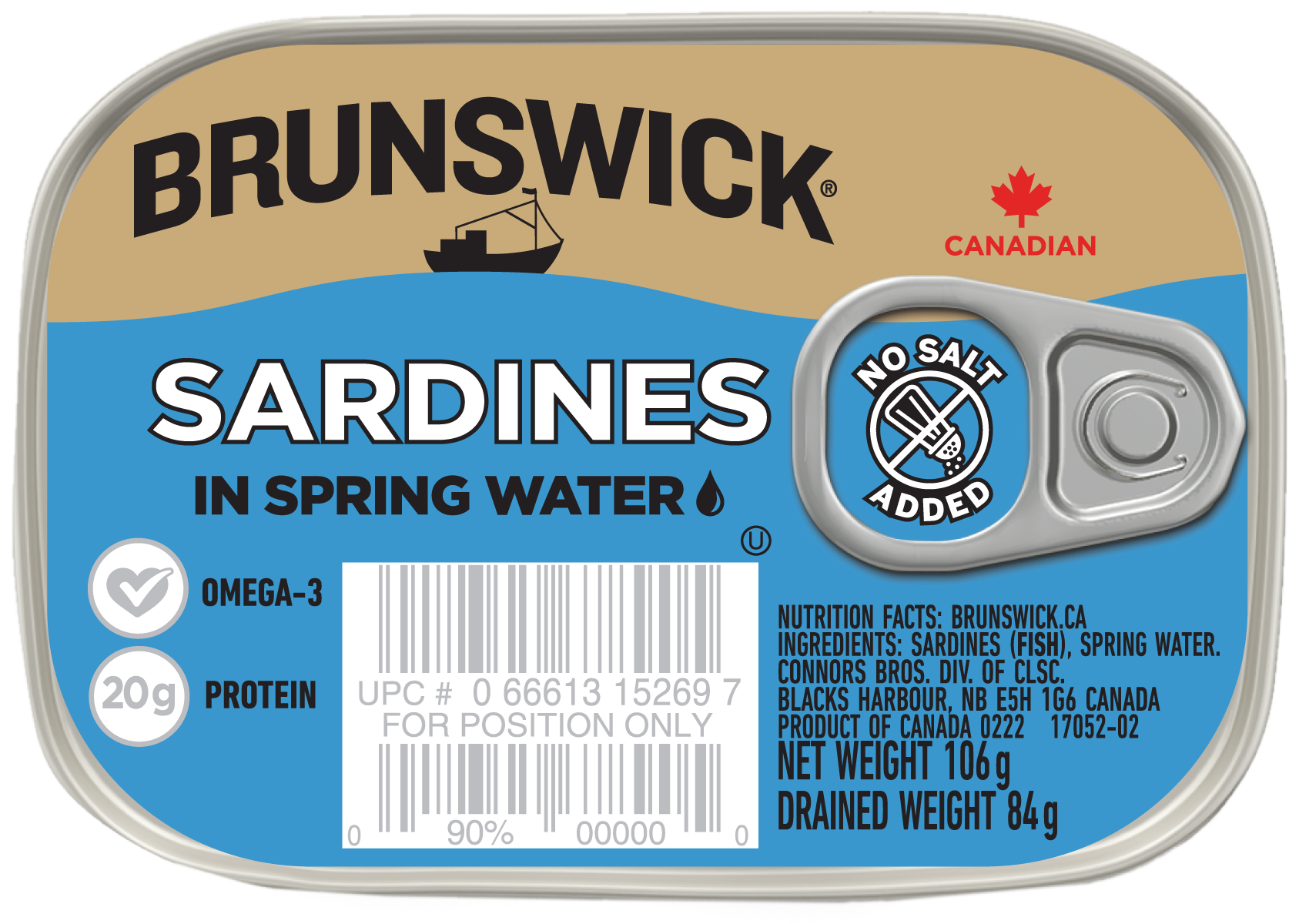 Brunswick<sup>®</sup> Sardines in Spring Water – No Salt Added – 106g